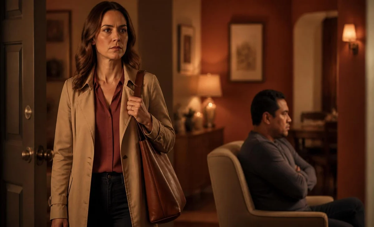 Почему муж не понимает жену — женщина уходит из дома, муж сидит спиной с недовольным видом
